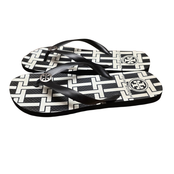 Tory Burch Black And White Geo Pattern Flip Flop Sandals Size 8 - Picture 2 of 8